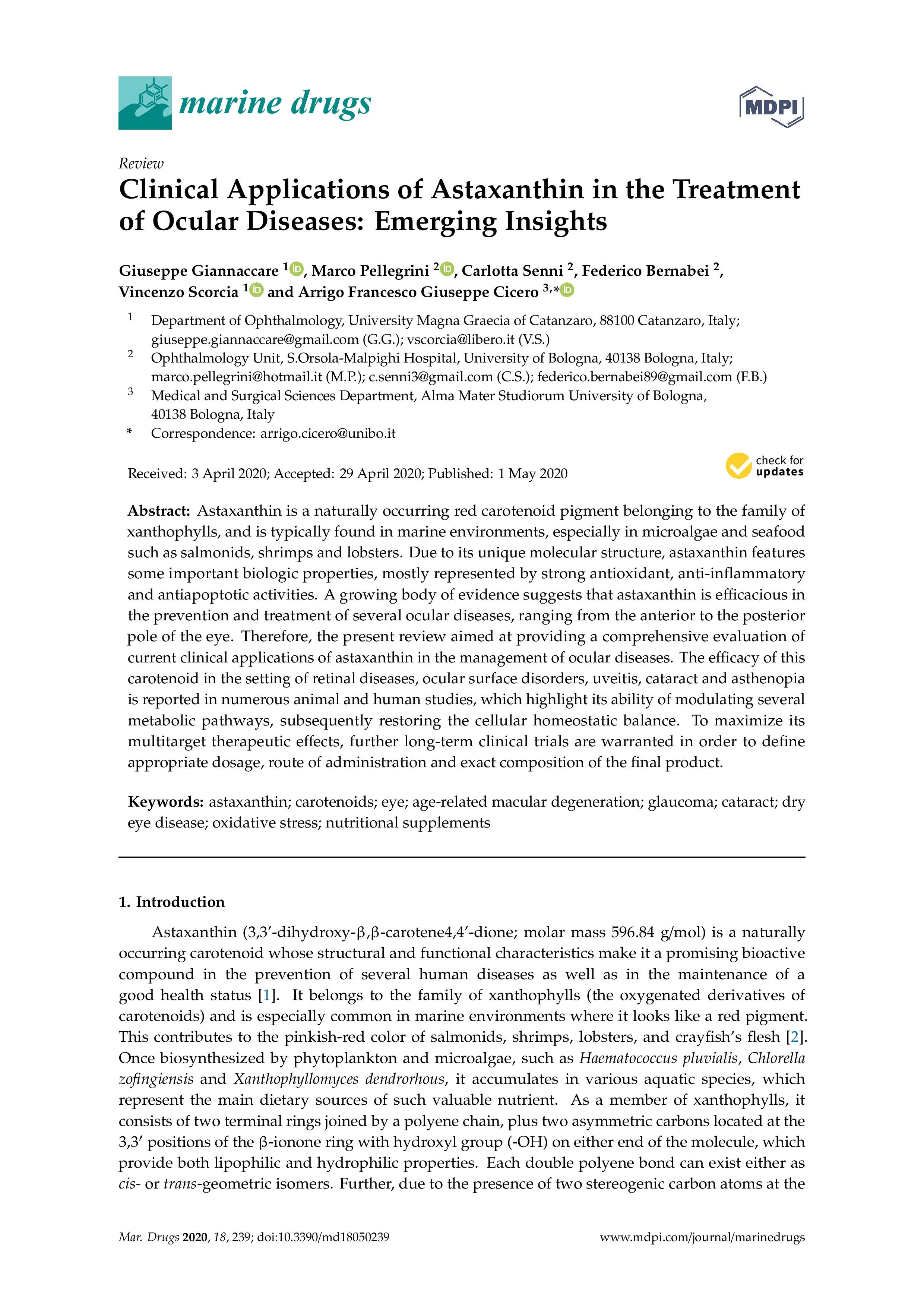 Clinical Applications of Astaxanthin in the Treatment of Ocular Diseases: Emerging Insights