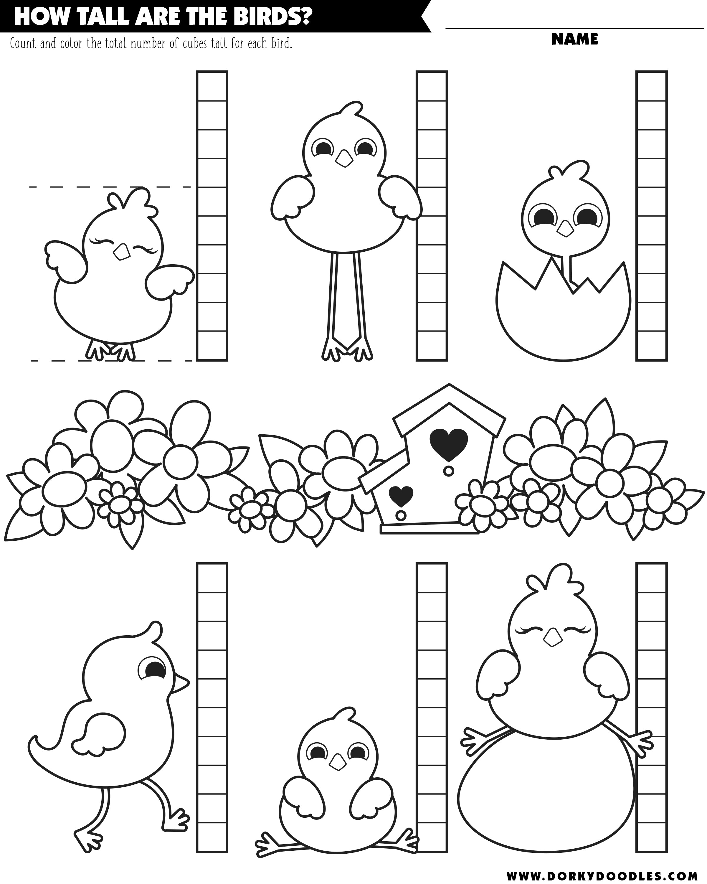 measuring worksheet with spring birds and color page fun