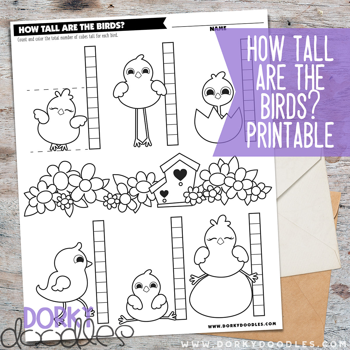 Measuring worksheet with cute birds and cubes