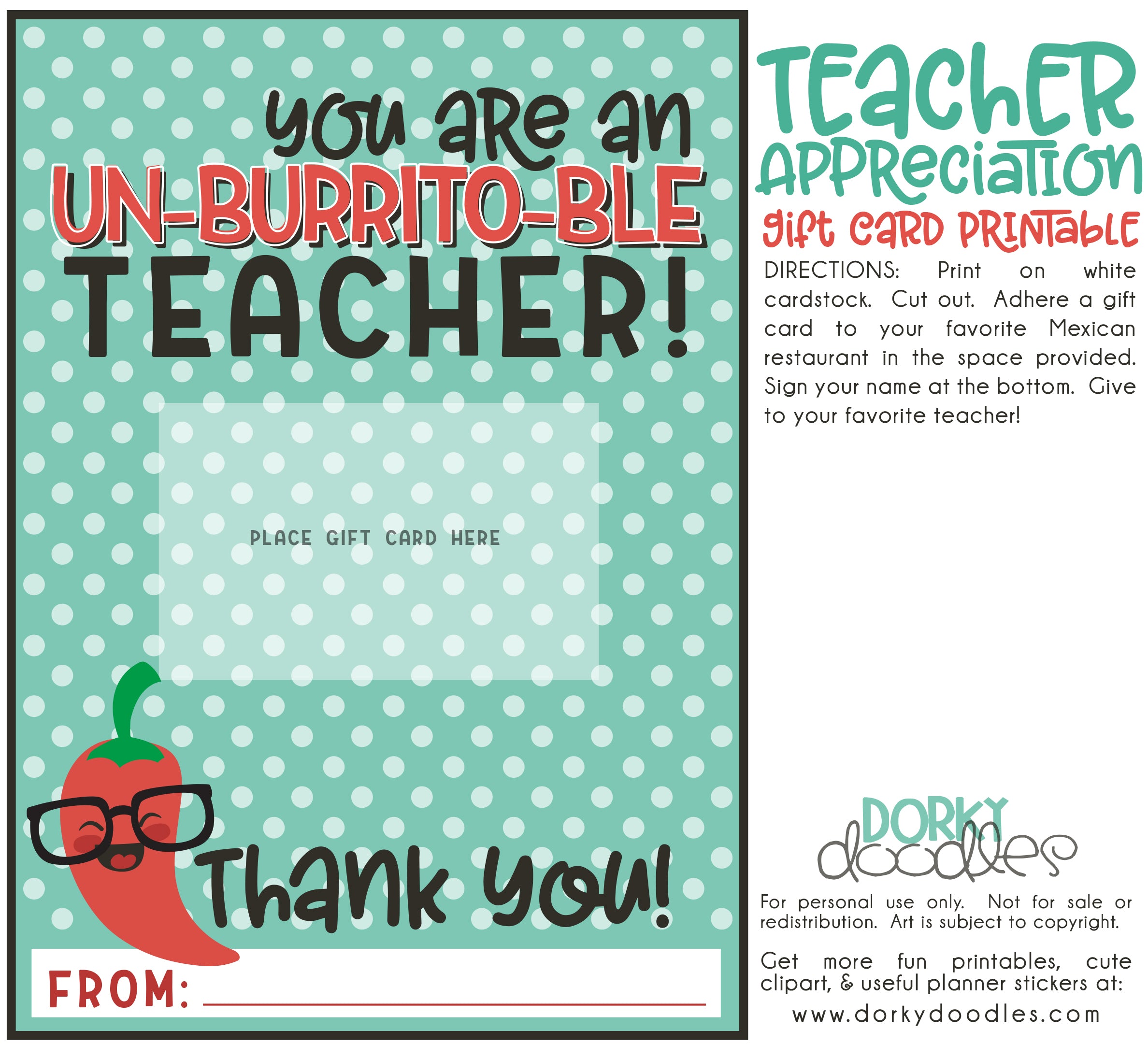 teacher giftcard printable