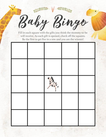 free printable safari and jungle baby bingo baby shower game