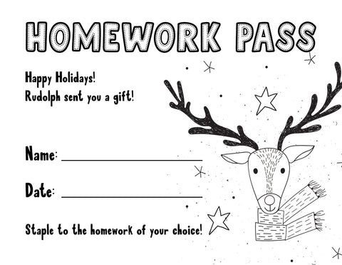 free printable christmas homework pass from Rudolph for teachers and students