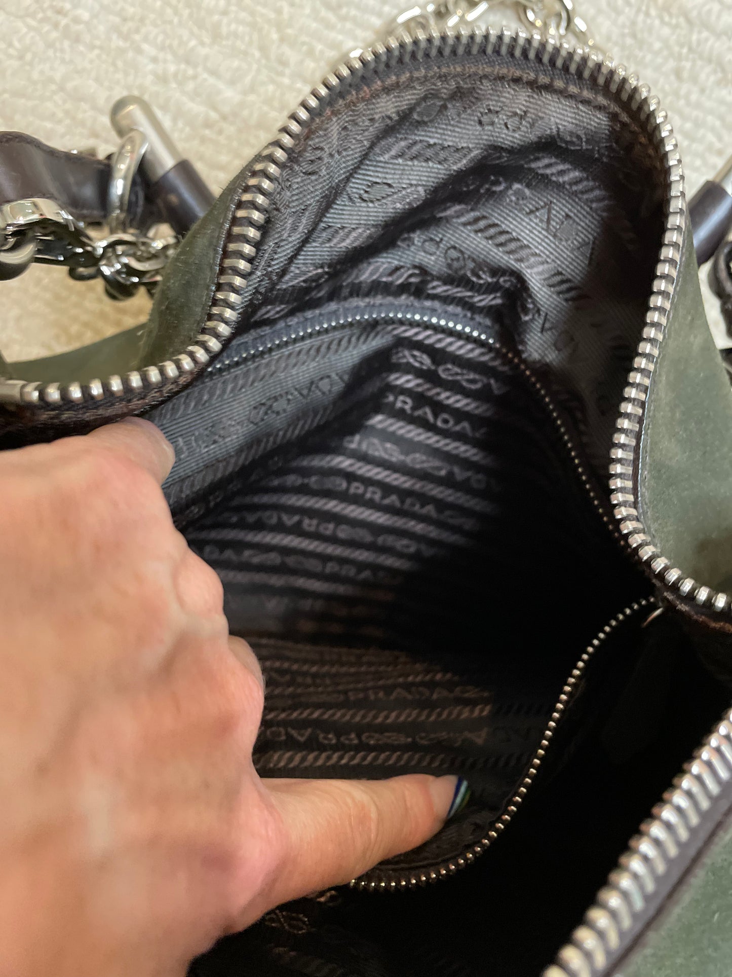 Prada Olive Green Suede Leather Hobo Bag w/ Multi-Chain accents