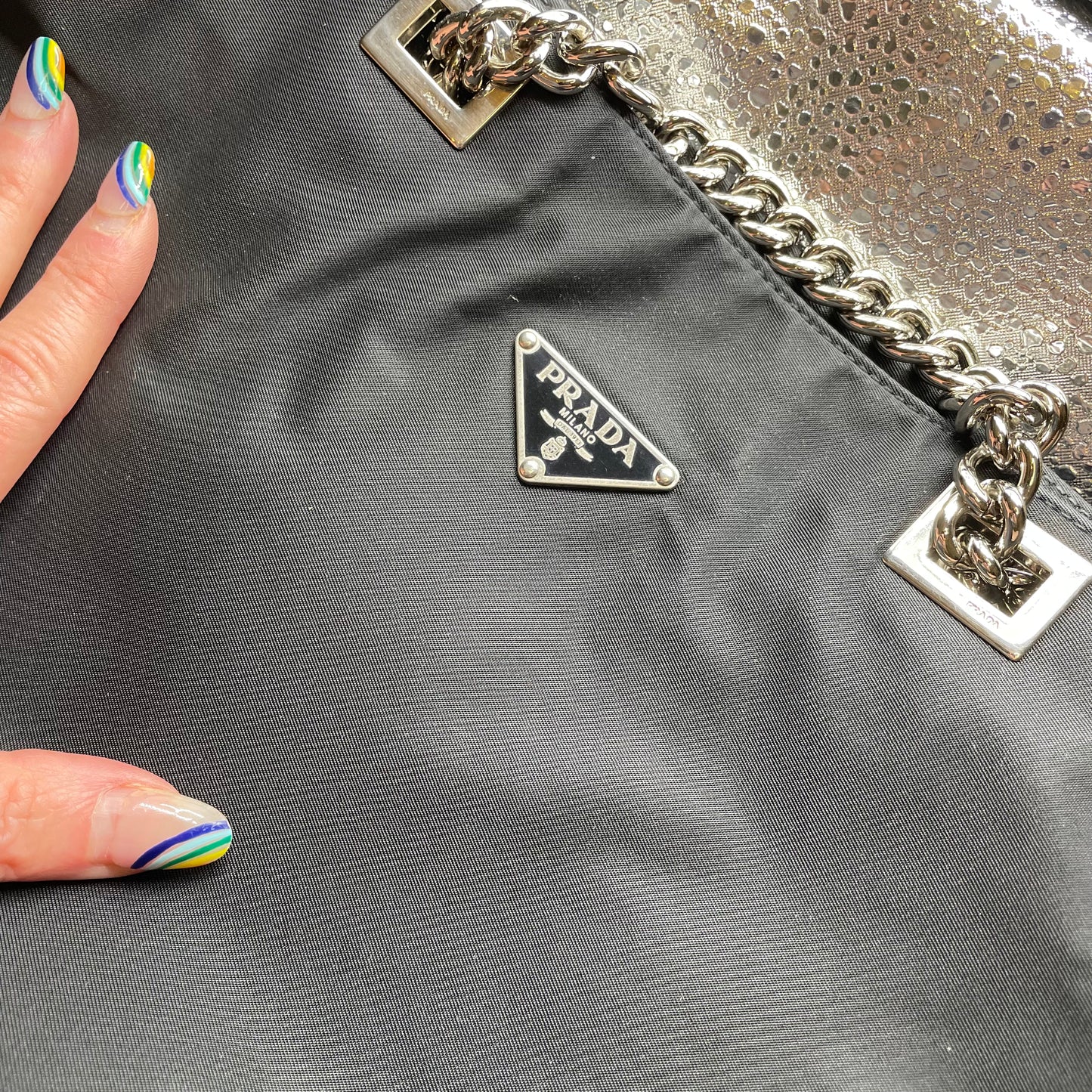 PRADA Black Tessuto Tote Convertible Crossbody w/ Chain Strap