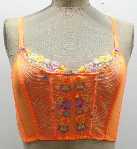 Escante Neon Floral Embroidery Corset Top And G String Electric Orange Romantic Blessings 6039