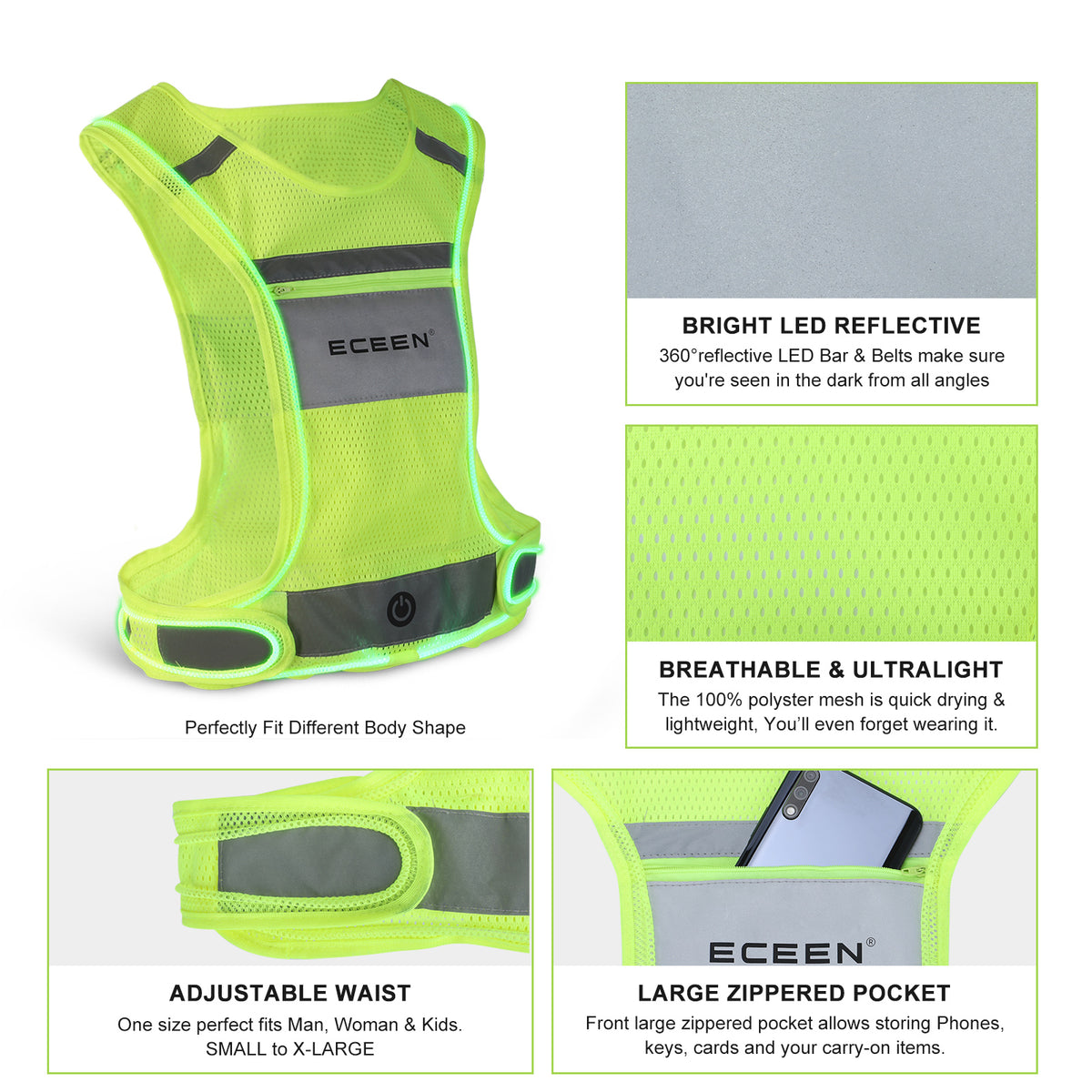 ECEEN LED Reflective Vest with Pouch USB Rechargeable Bright Safety Lights Belt High Visibility & Adjustable Waist for Night Running Jogging Cycling 3 LED Glowing Modes Reflector Strips 
