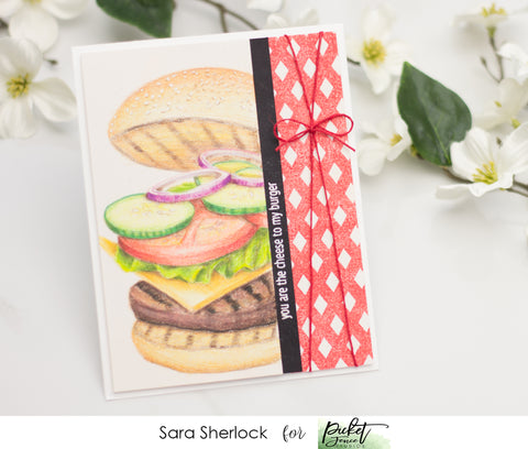 This fun Cheese to my Burger card, was created with the brand new Dad's Day stamp set, along with the Gingham Background stamp.  Image was colored using Prismacolor Colored pencils.