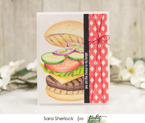This fun Cheese to my Burger card, was created with the brand new Dad's Day stamp set, along with the Gingham Background stamp.  Image was colored using Prismacolor Colored pencils.