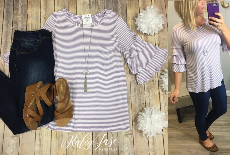 Lavender Stripe Ruffle Sleeve Top