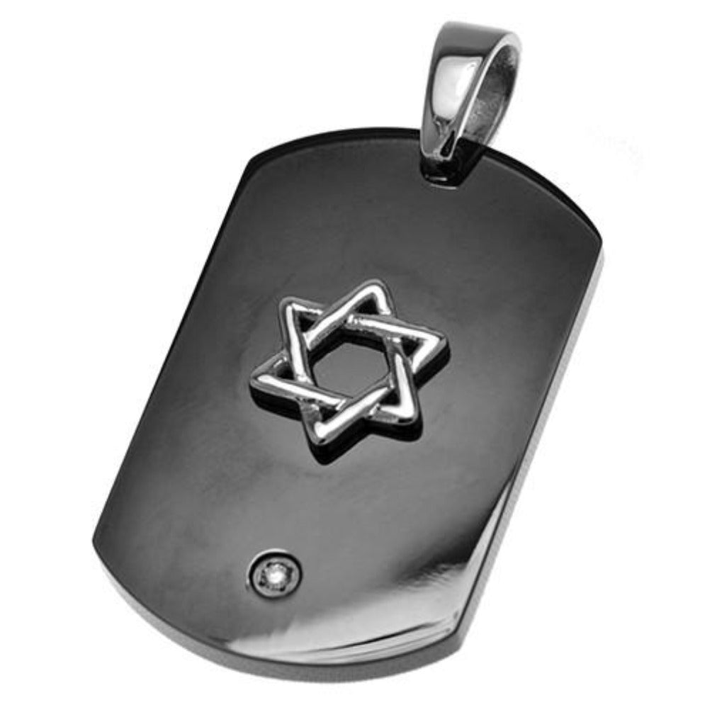 Shop4Silver Stainless Steel Star Of David Cz Dog Tag Polished Necklace 