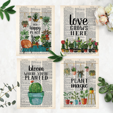 four plant themed prints with text my happy place, love grows here, bloom where you're planted, and plant magic printed on dictionary pages 