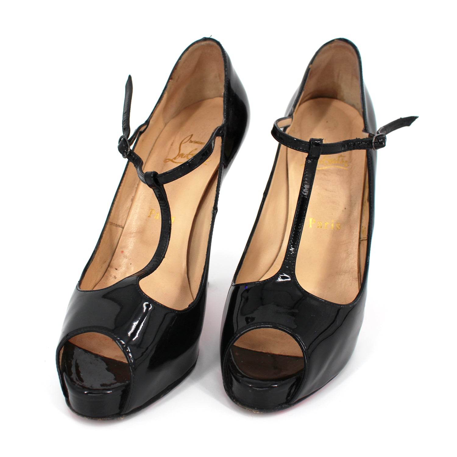 ribben kompensere Abe Christian Louboutin Senora Patent T-Strap Red Sole Heels Black 38 – The  Closet New York