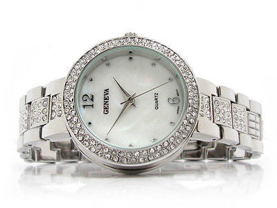 Geneva Silver Tone Crystal Bezel & Bracelet Women's Watch