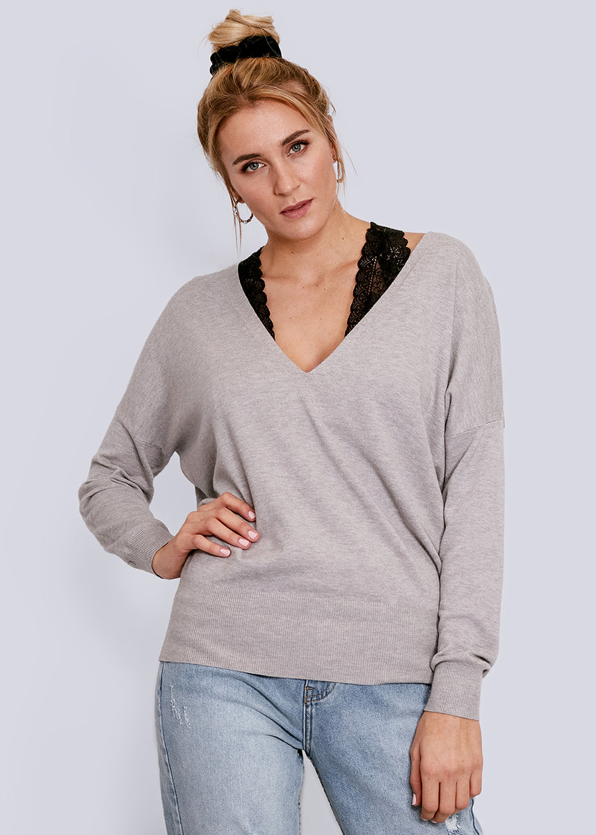 Pullover mit tiefem V-Ausschnitt, grau – SassyClassy