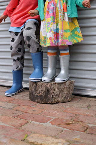 Silver girls gumboots. Powder blue boys gumboots 