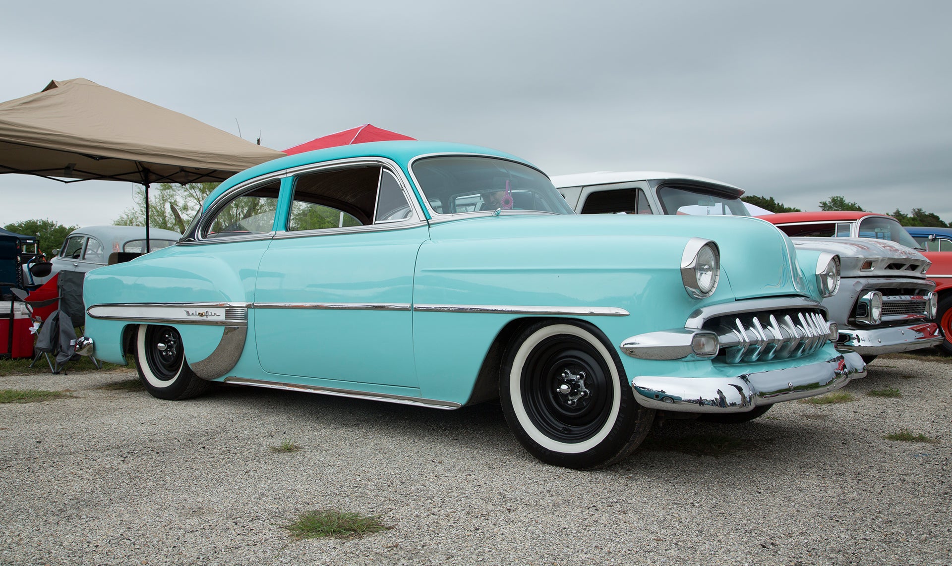Beautiful teal colored chevrolet belair at the car show