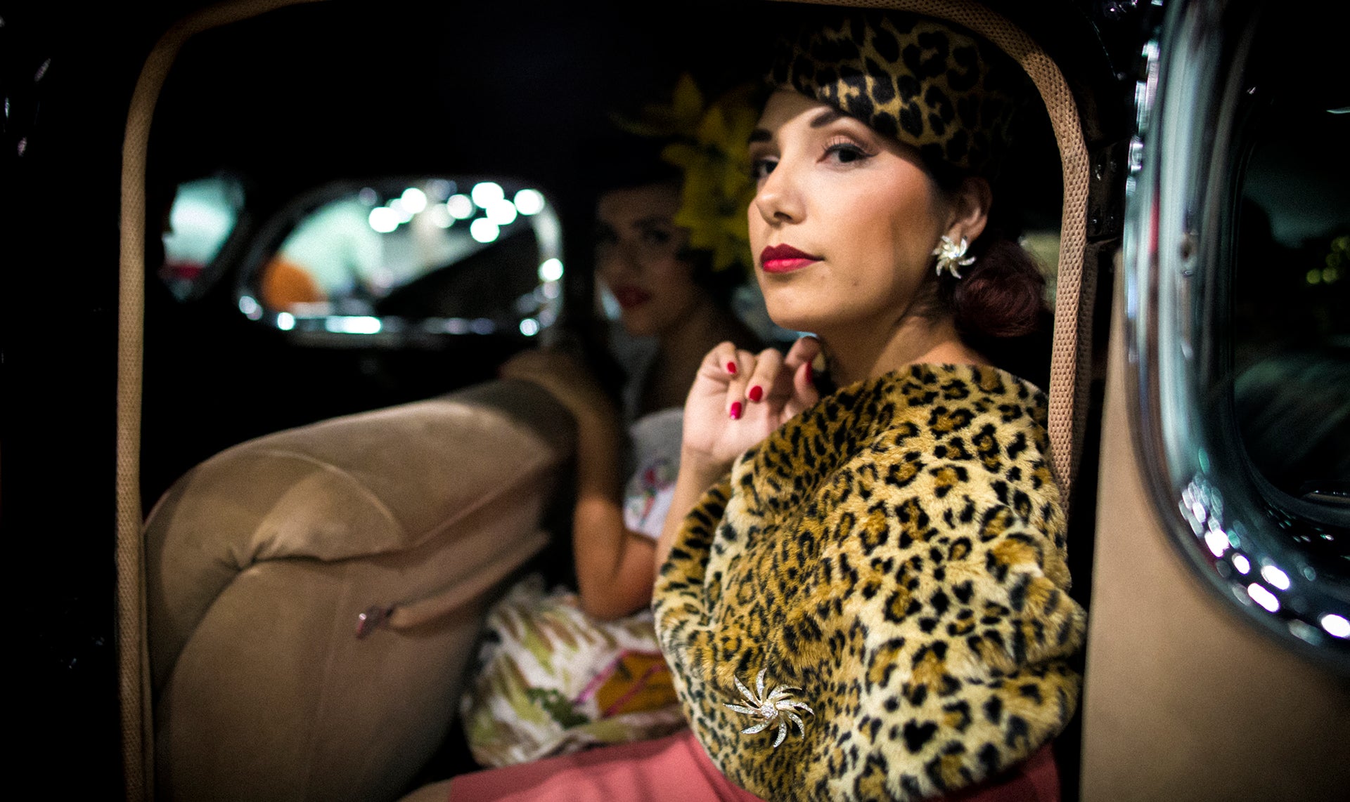 beautiful rucca sitting inside of vintage car