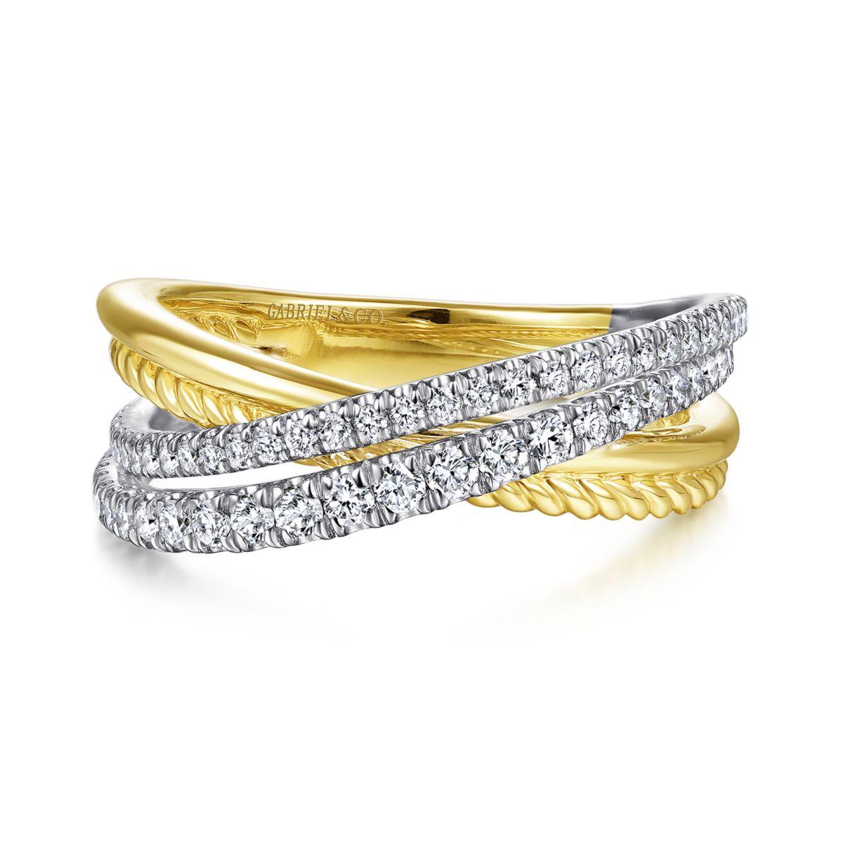 14K Two-Tone Gold Twisted Rope & Diamond Criss Cross Ring