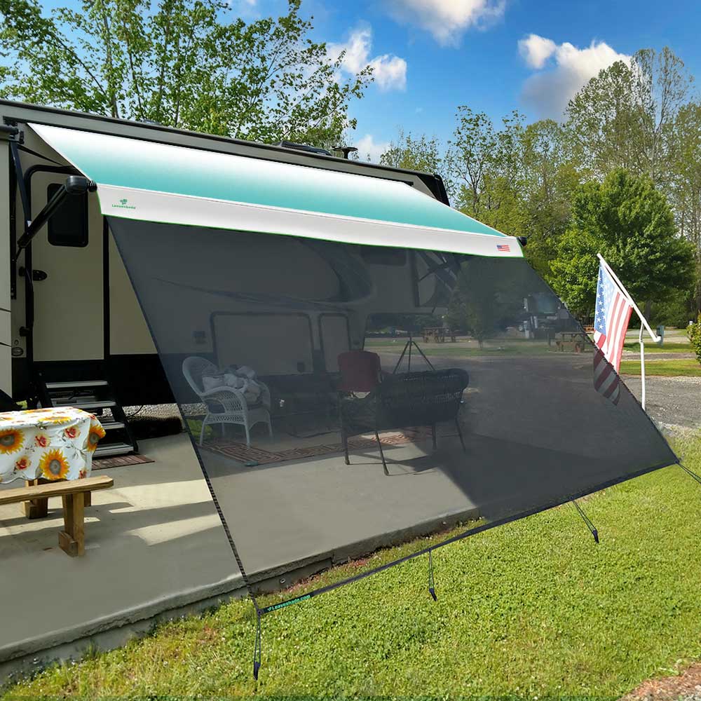 Gray Mesh Sun Shade Block Patio Front Sun Light Motorhome Camping Trailer UV Sunblocker Canopy Sunscreen-3 Years Lasting leaveshade RV Awning Sunshade Screen 8' X 17' 3'' 