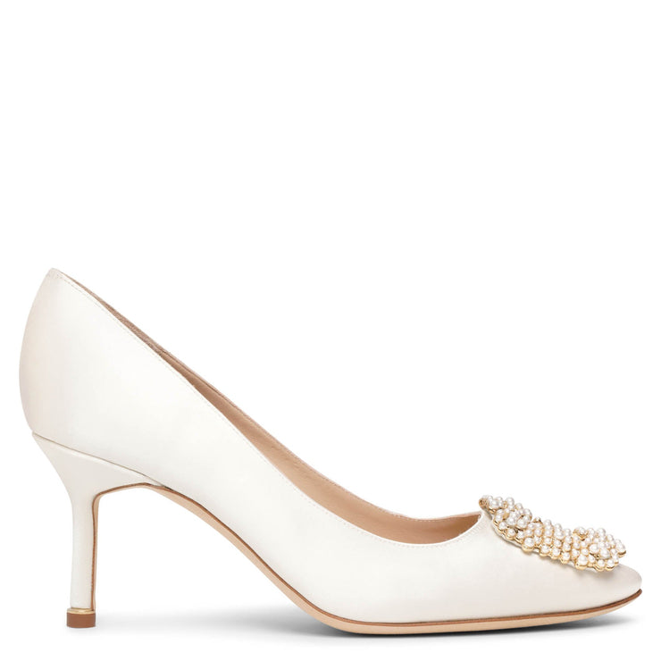 Hangisi 70 white satin pearl buckle pumps
