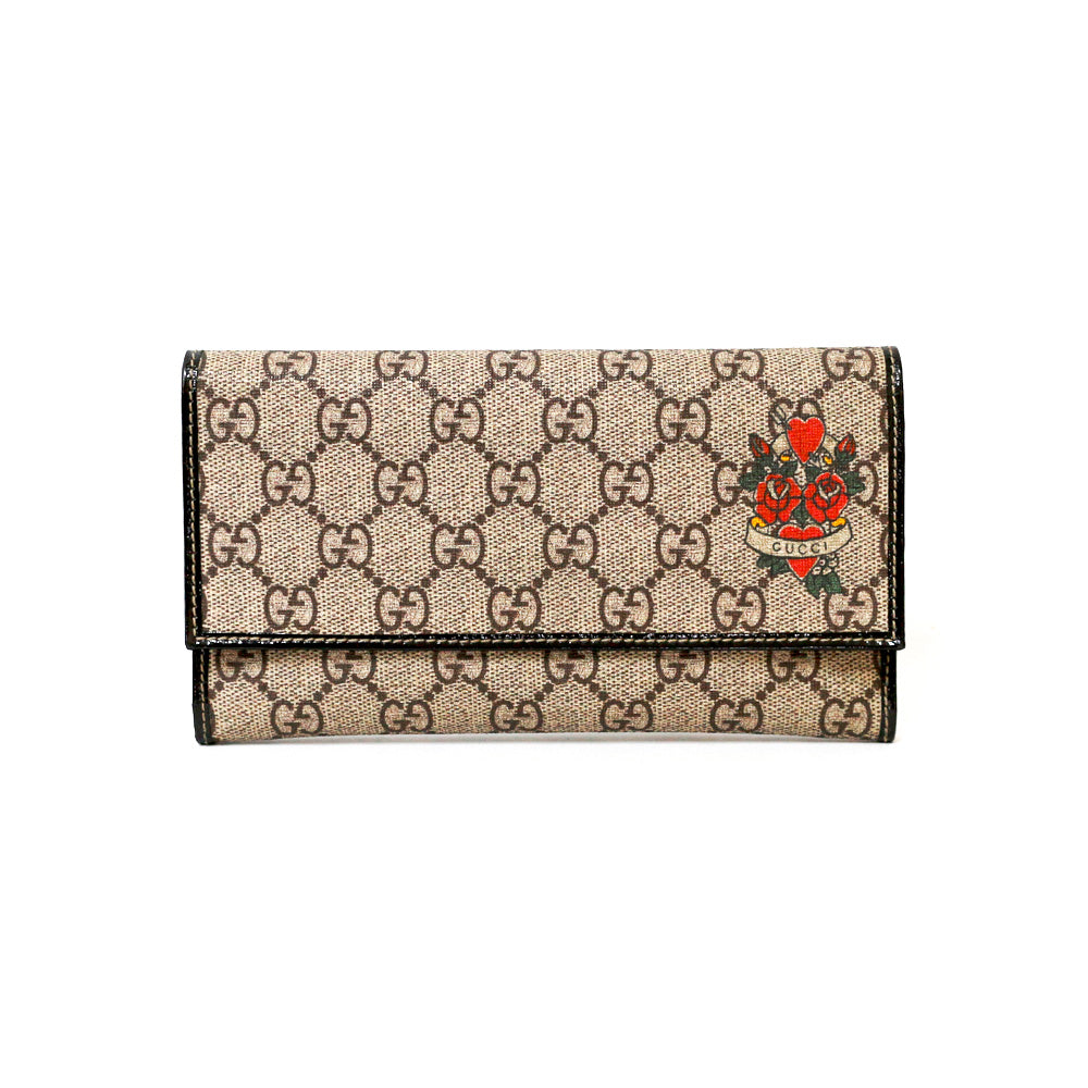 【中古】 グッチ GUCCI 長財布 GG ハート バラ GGスプリーム GGスプリームキャンバス ブラウン ブラウン レディース【BIM】