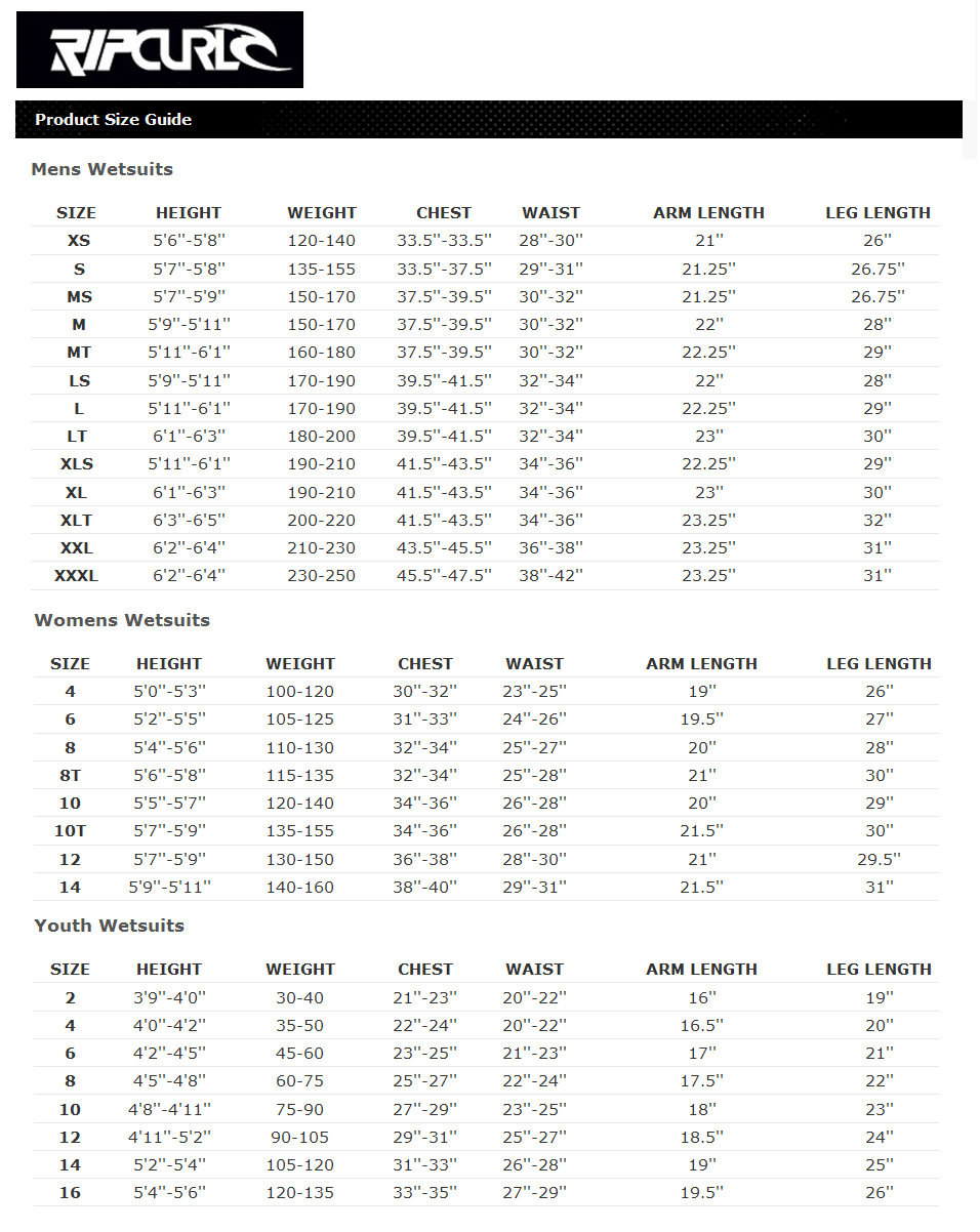 Wetsuit Booties Size Chart
