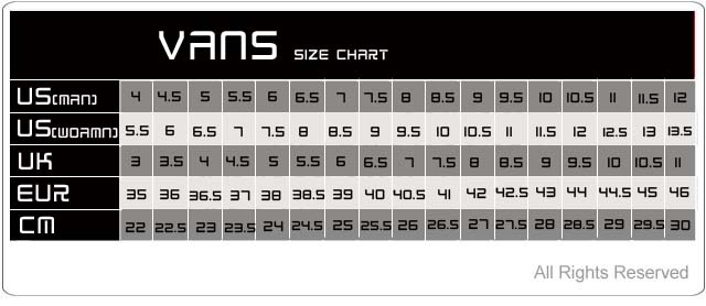 vans shorts size chart