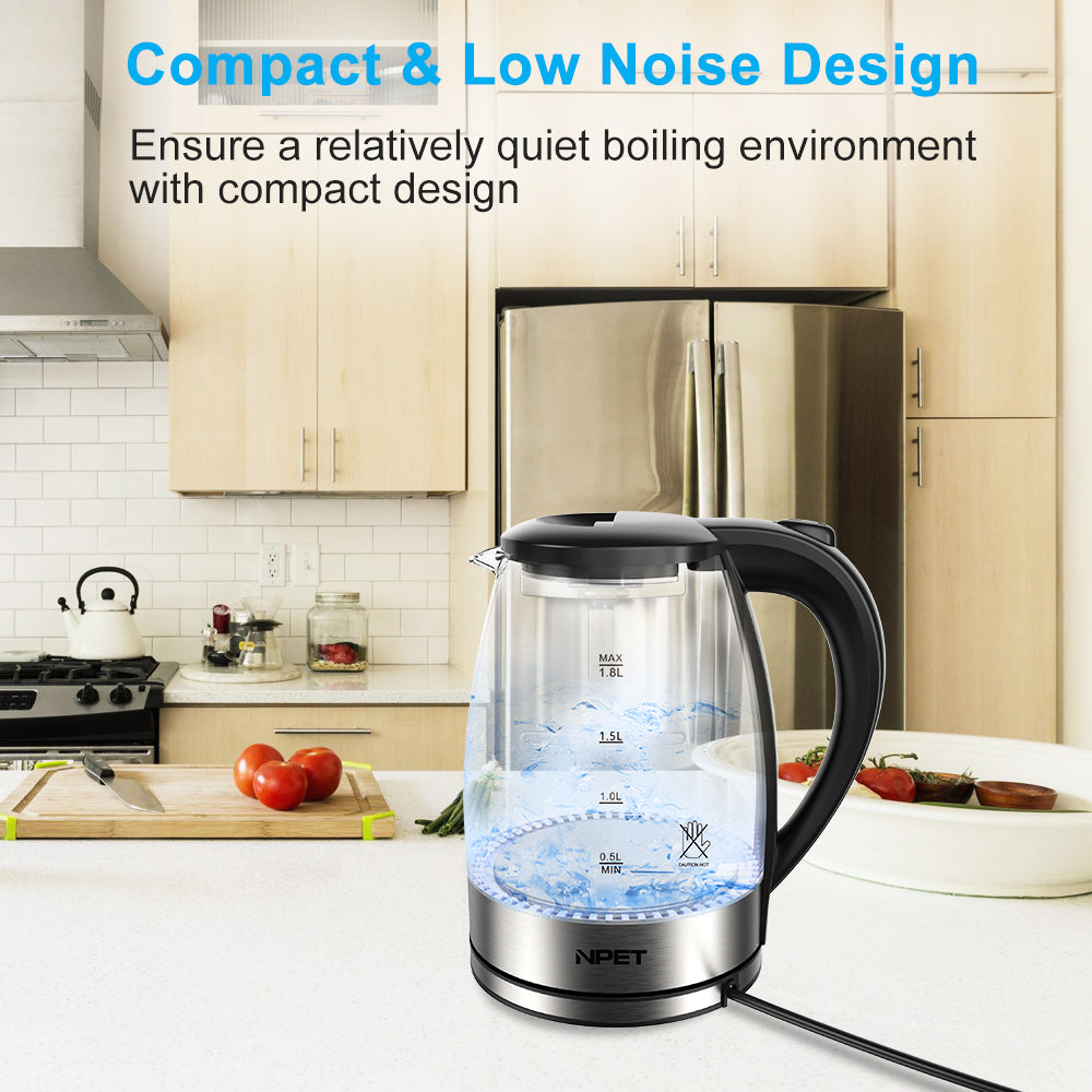 Electric Kettle 1.8L Hot Water Boiler with LED Light and Stainless Steel Base,Glass Electric Water Kettle Auto Shut-Off & Boil-Dry Protection,1000W Fast Boil Water Heater Kettle for Water Tea Coffee
