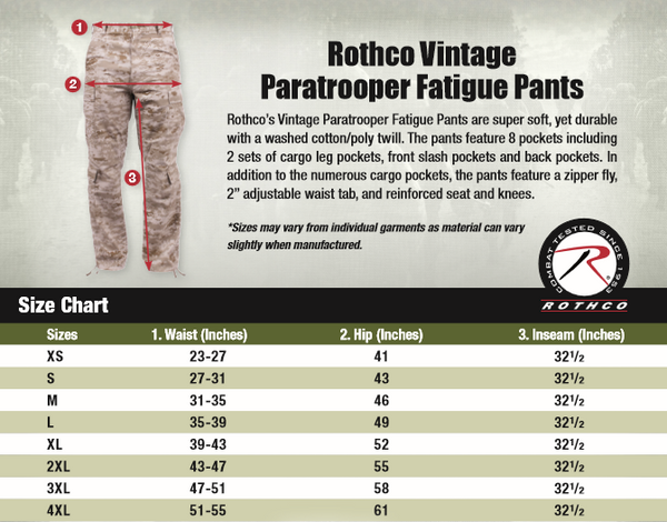 Vintage Paratrooper Fatigue Pants Size Chart