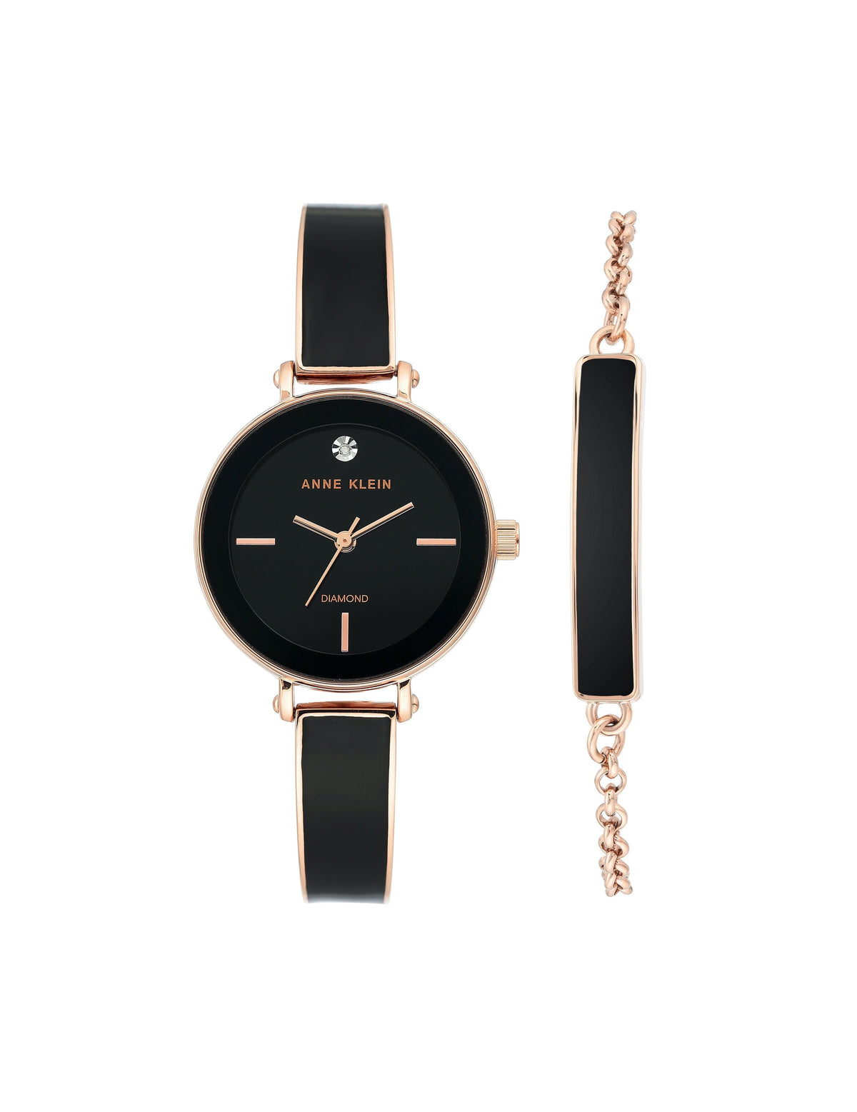 Black Rose Gold Genuine Diamond Dial Bangle Watch with Bracelet Set