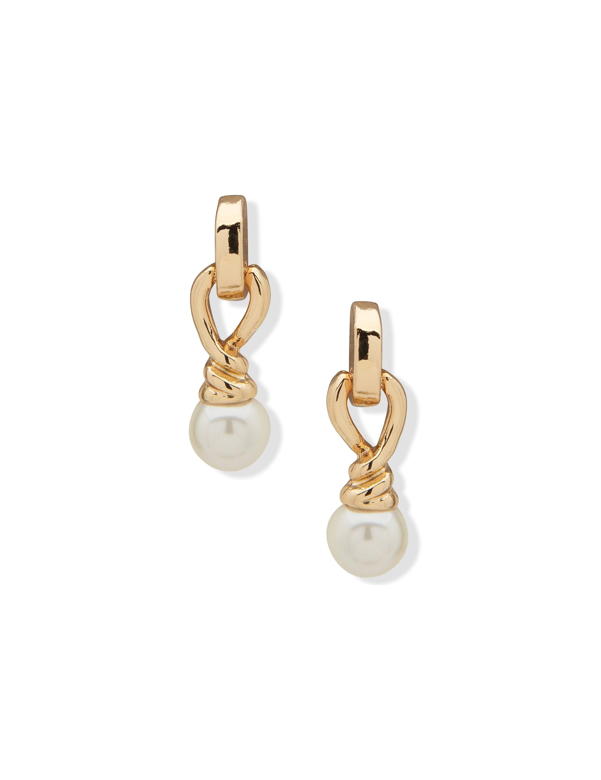 Anne Klein Twisted Post Pearl Drop Earrings Blanc and Gold