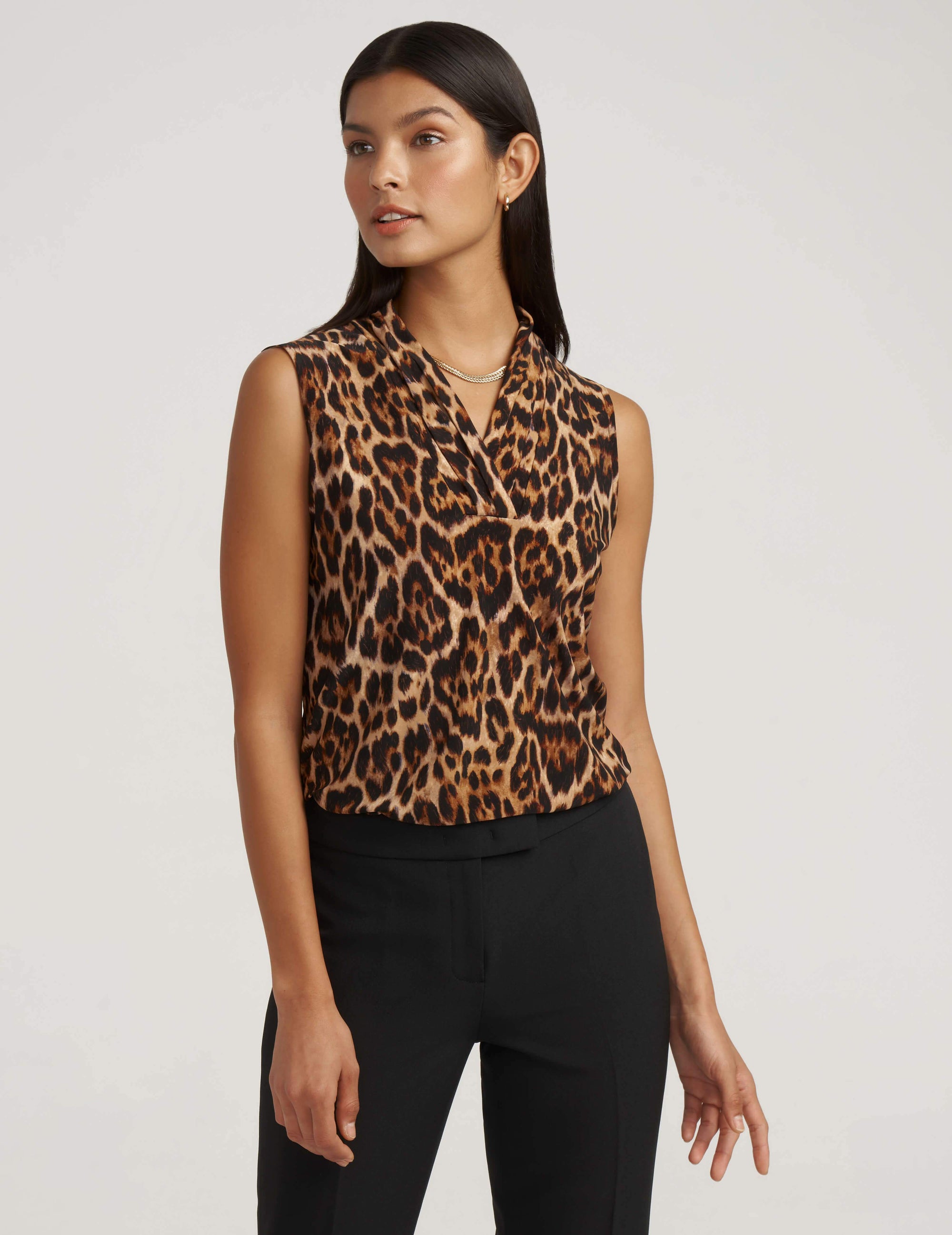 Anne Klein Black/Vicuna Combination Animal Print Triple Pleat Top