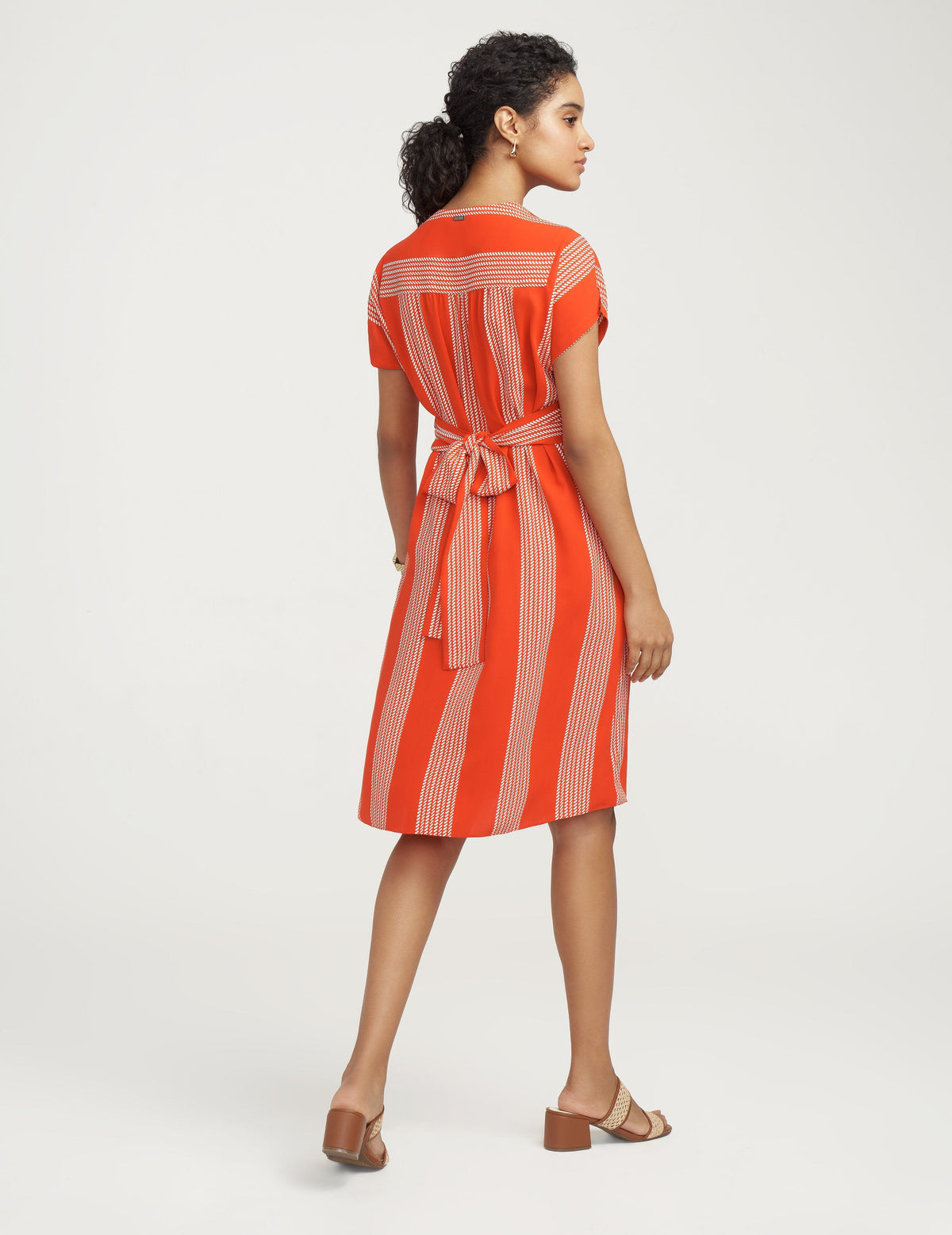 Anne Klein Bilbao Stripe V-Neck Short Sleeve Dress Poppy/Anne White