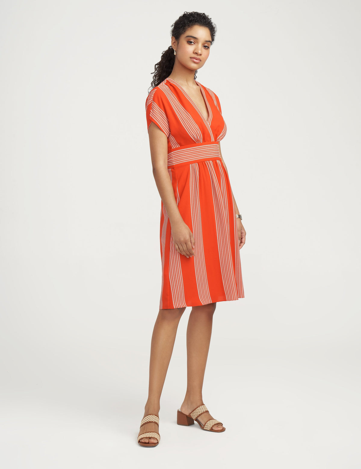 Anne Klein Bilbao Stripe V-Neck Short Sleeve Dress Poppy/Anne White