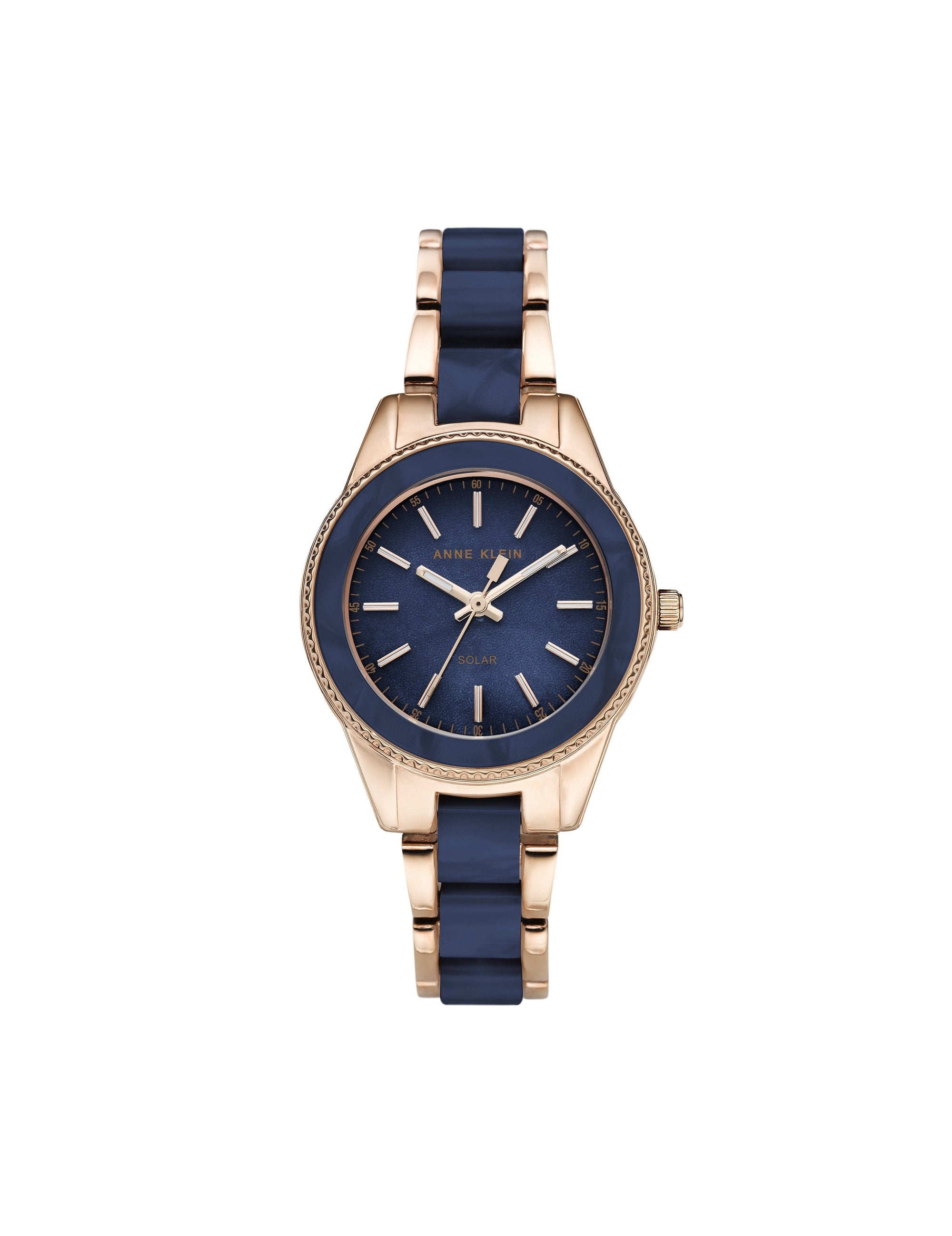 considered solar powered navy blue rose gold-tone resin bracelet watch