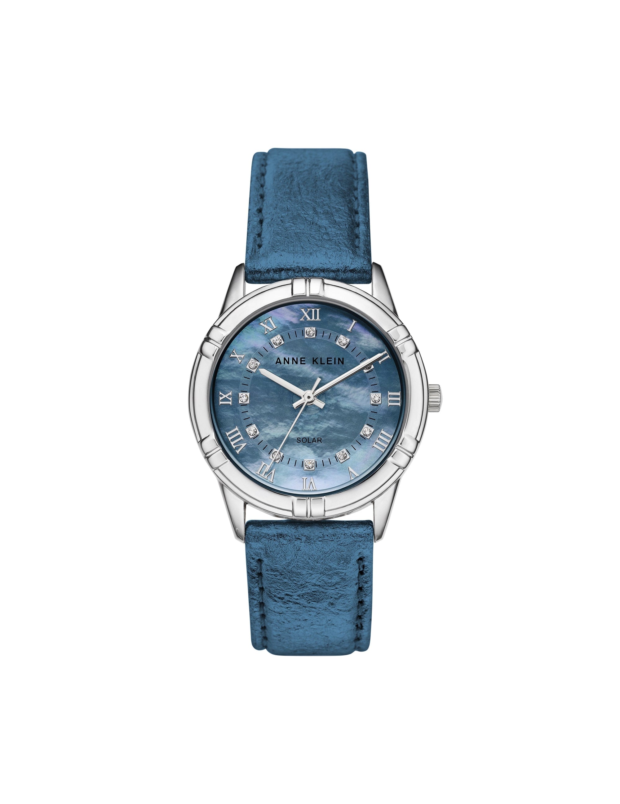 considered solar powered swarovski crystal accented blue silver-tone pineapple peel leather strap watch