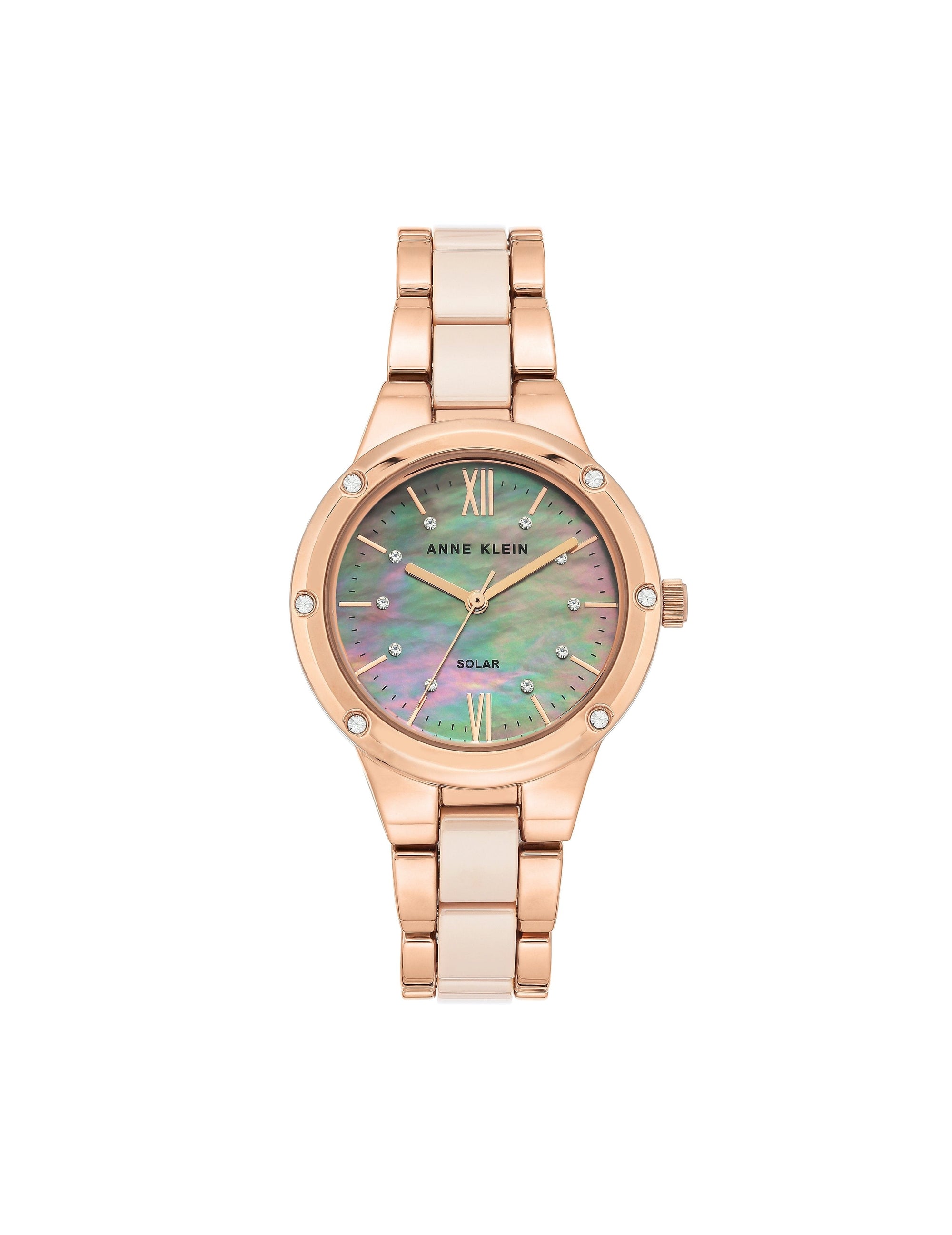 considered solar powered swarovski crystal accented rose gold-tone light pink ceramic bracelet watch