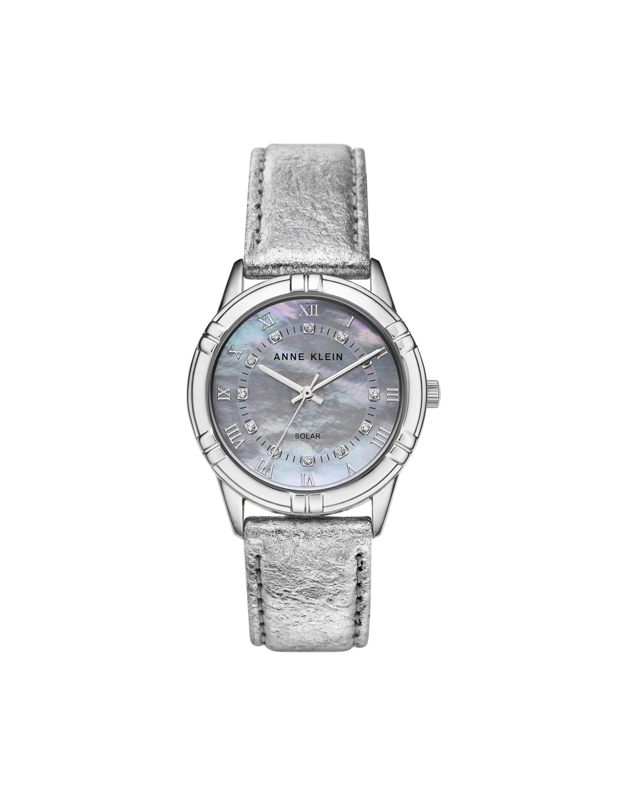 considered solar powered swarovski crystal accented silver-tone pineapple peel leather strap watch
