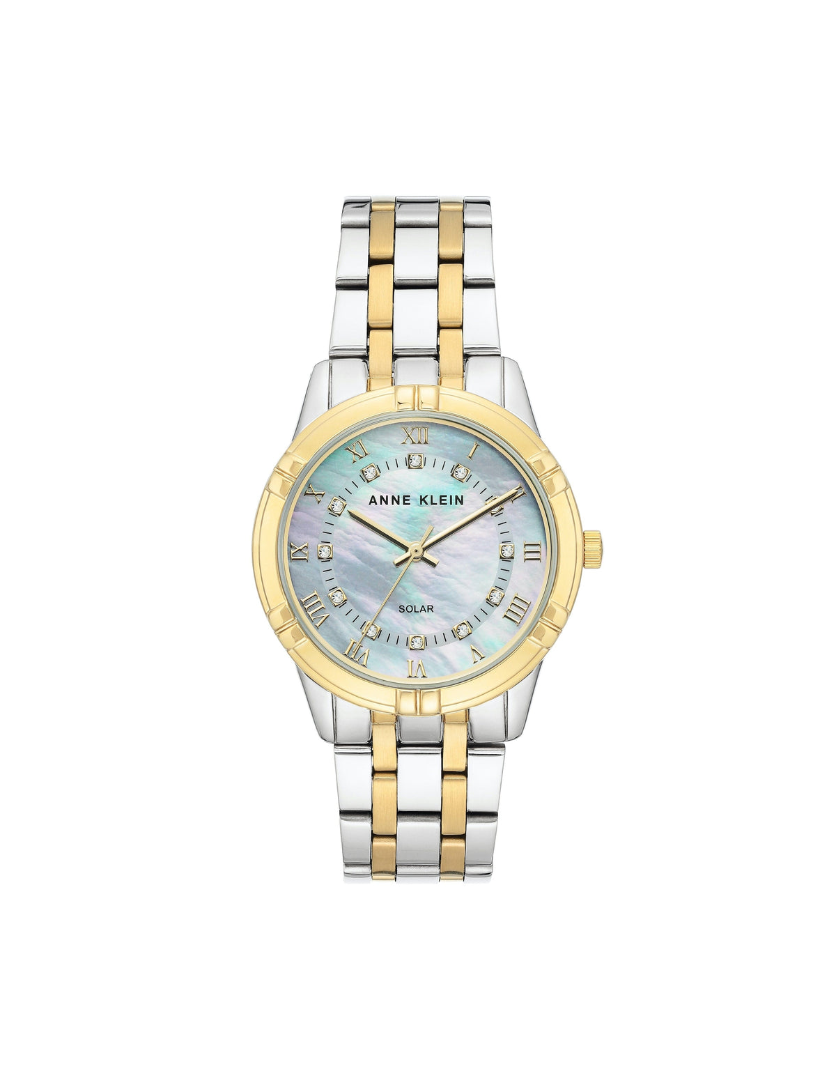 considered solar powered two tone swarovski crystal accented mother of pearl dial bracelet watch