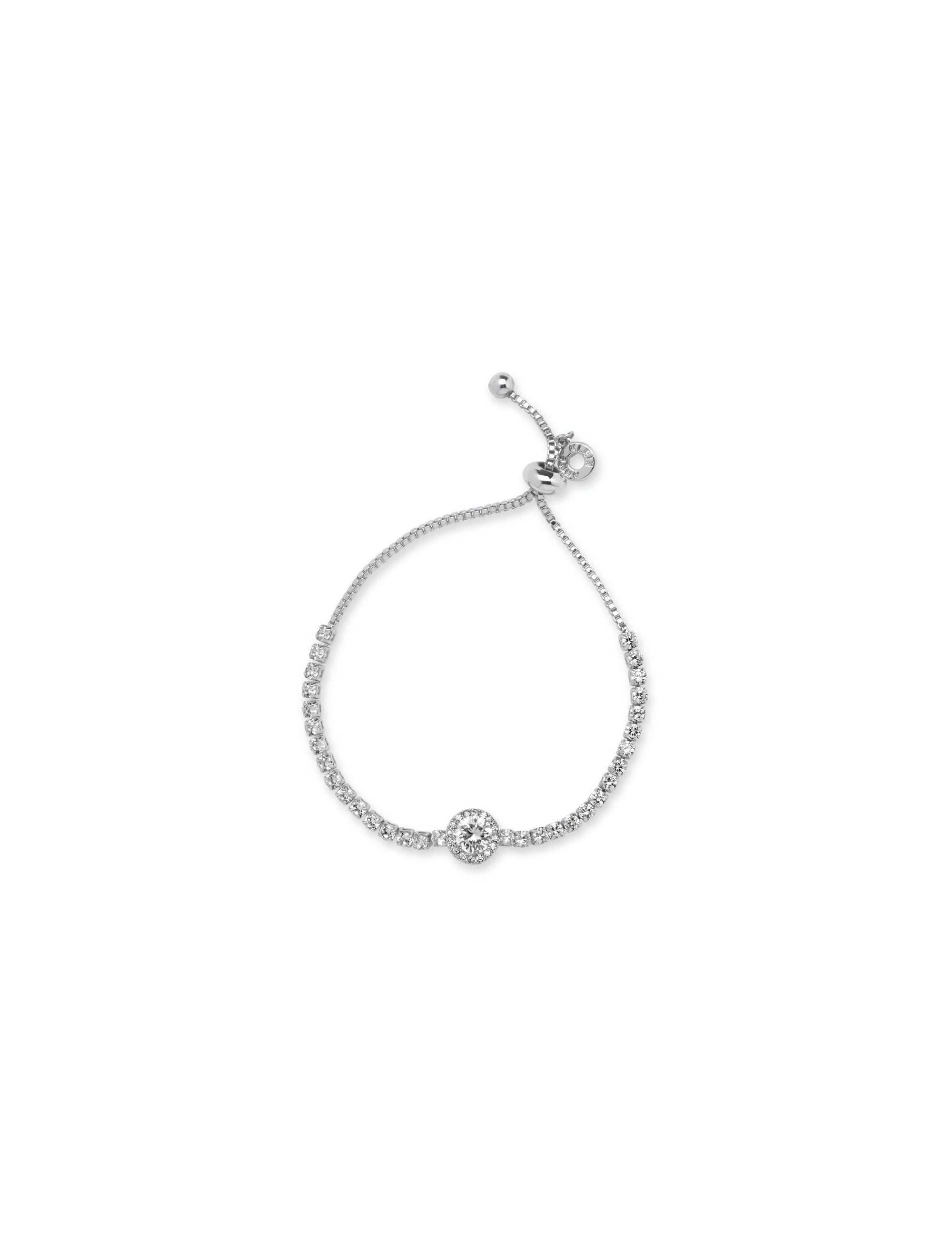 crystal pave accent slider closure silver tone solitaire halo stone bracelet