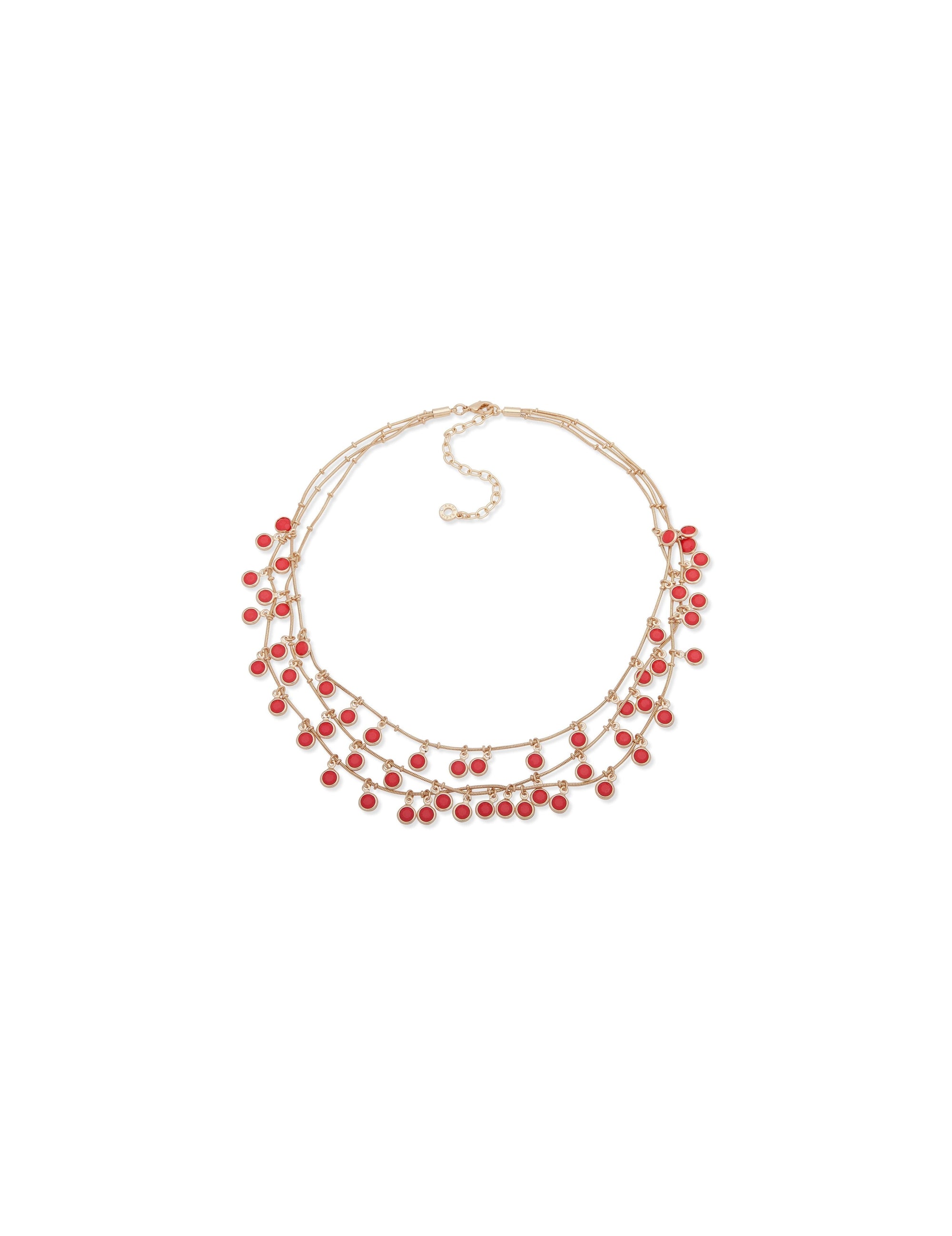 gold tone multi strand necklace with coral colored stones