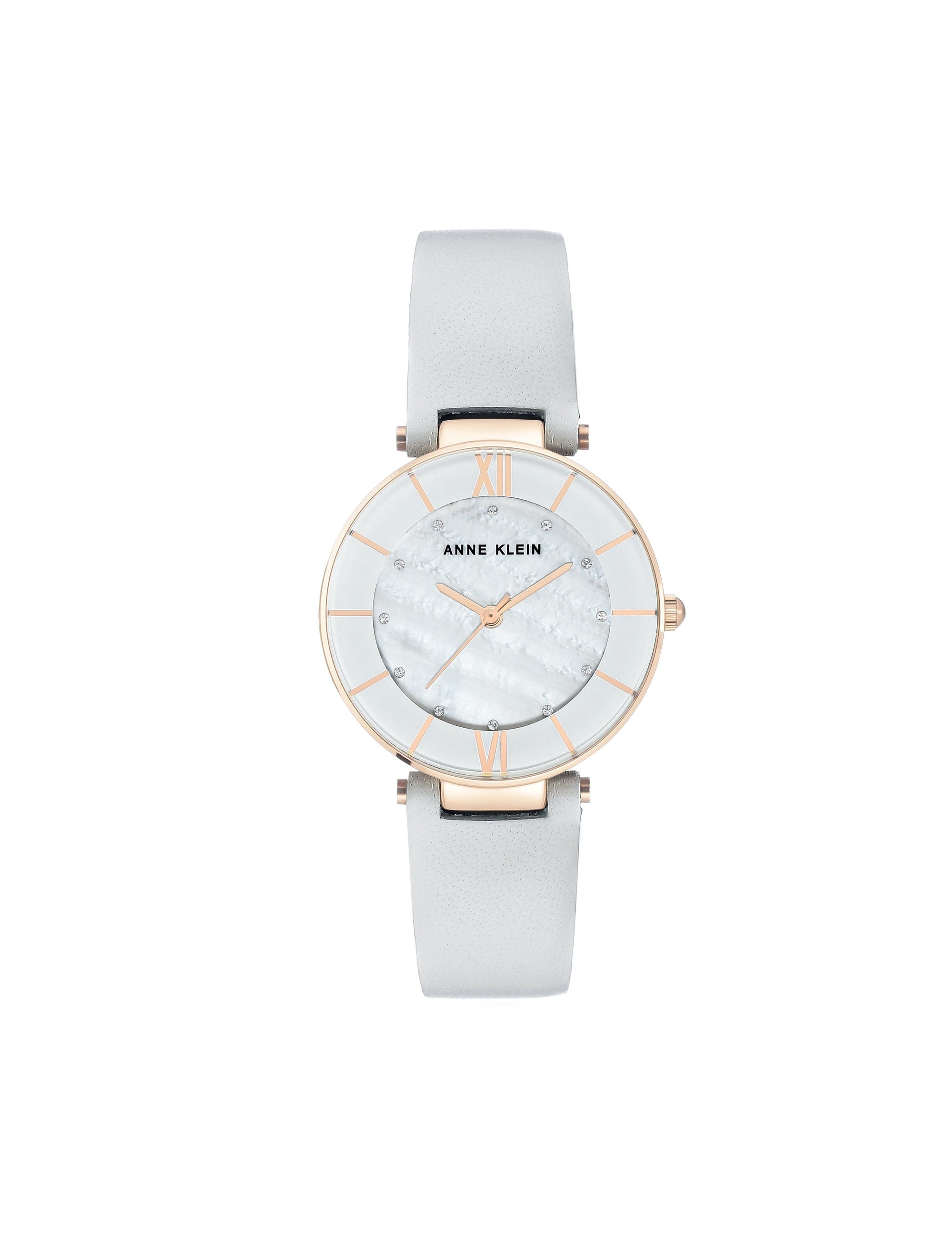 light grey rose gold-tone swarovski crystal accented rose leather strap watch