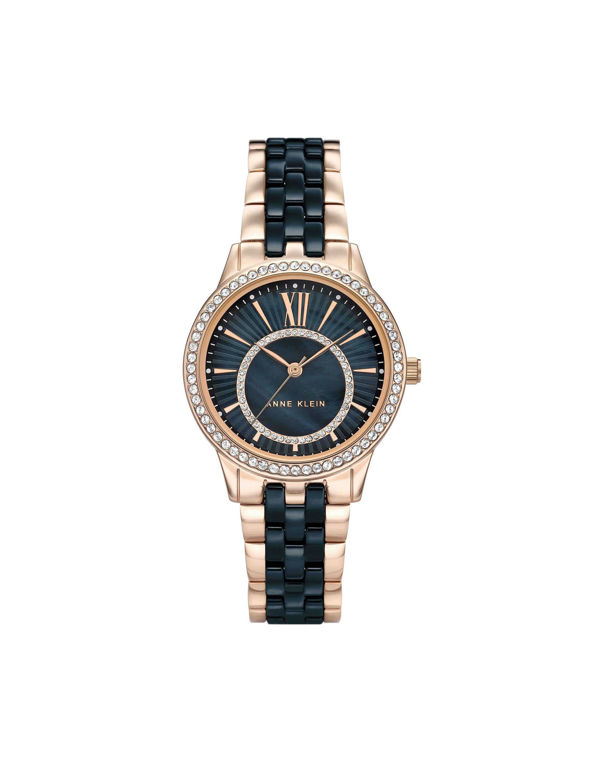 navy blue rose gold swarovski crystal accented ceramic bracelet watch