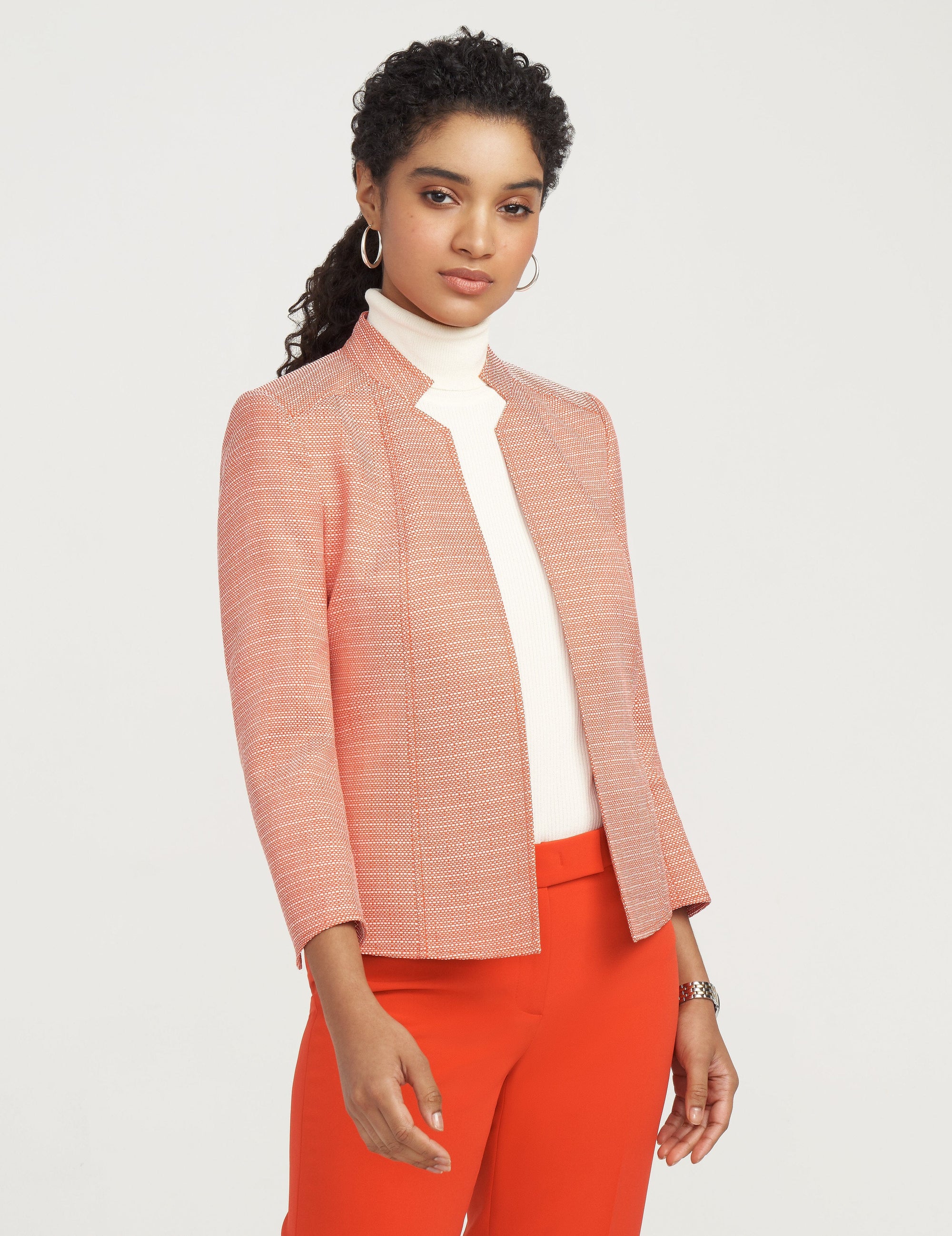 Anne Klein Ridge Crest Tweed Stand Collar Jacket Poppy/White