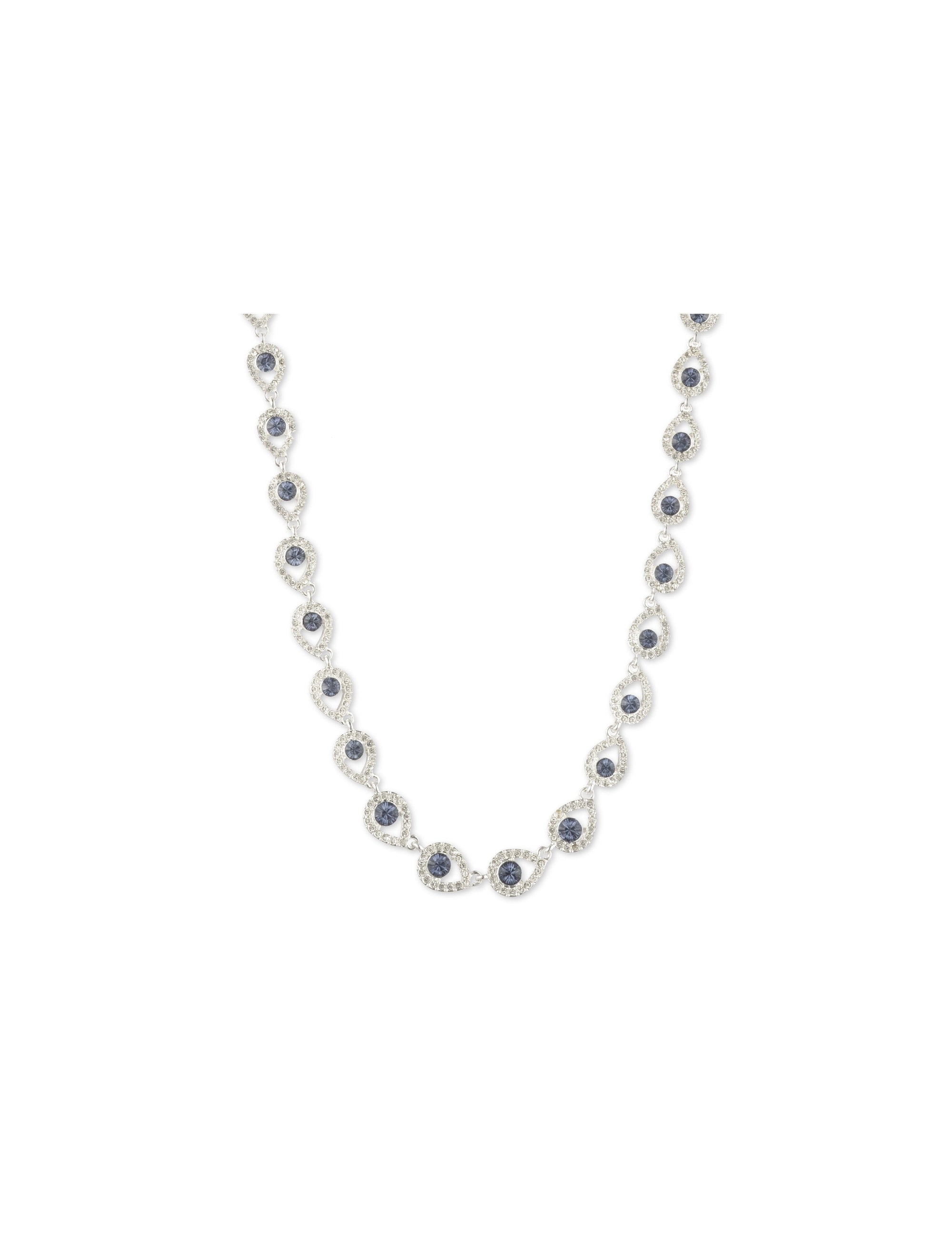 silver tone halo pear collar necklace in denim blue stones