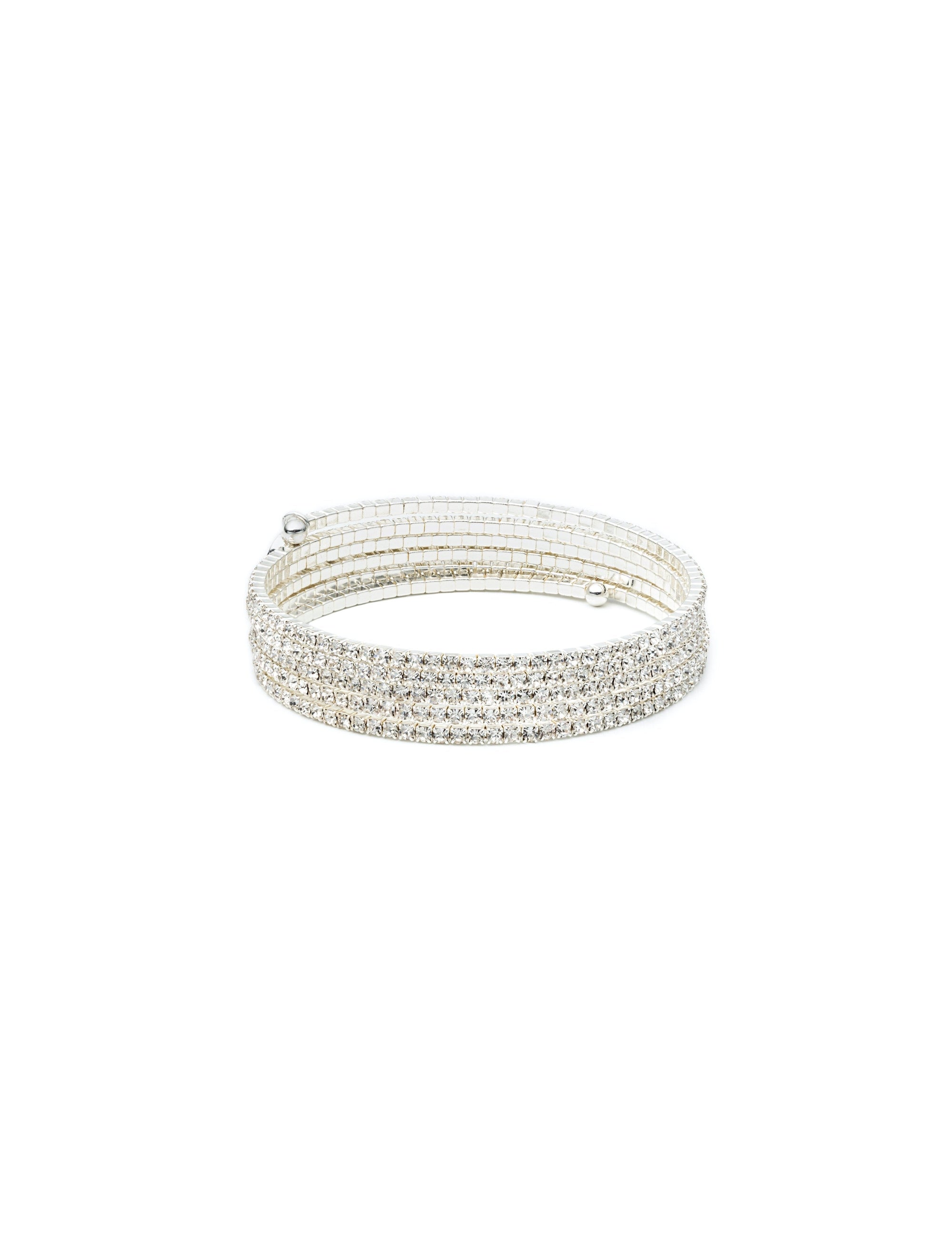 silver tone multi row crystal coil bracelet