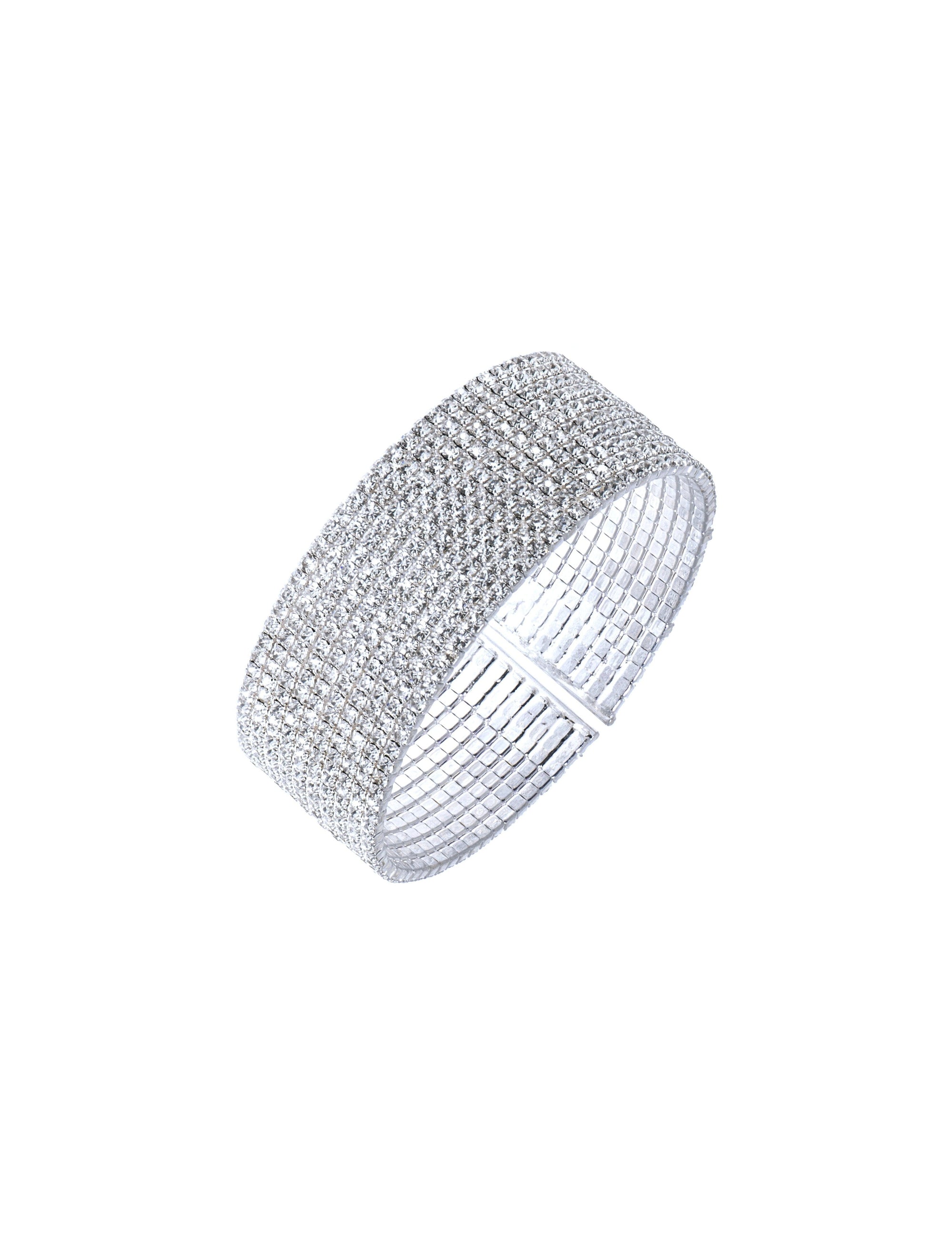 silver tone multi row crystal cuff bracelet