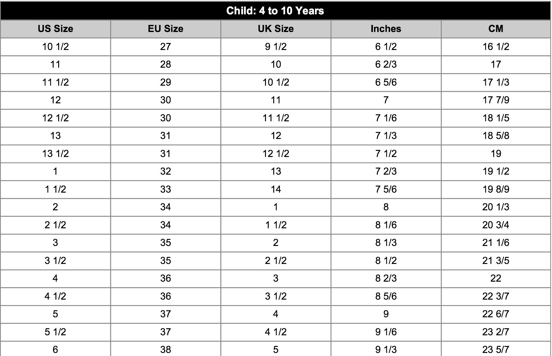 girls footwear size chart