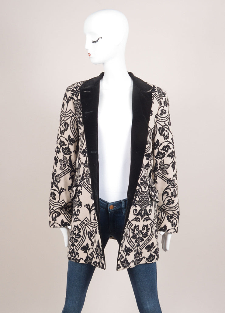 Beige and Black Wool Blend Velvet Trim Floral Print Long Sleeve Coat