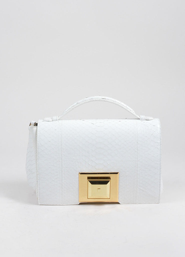 White and Gold Toned Andrew Gn Python Turn Lock Top Handle Hand Bag Purse